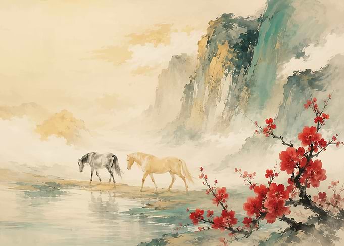 Two Horses by a Waterfall