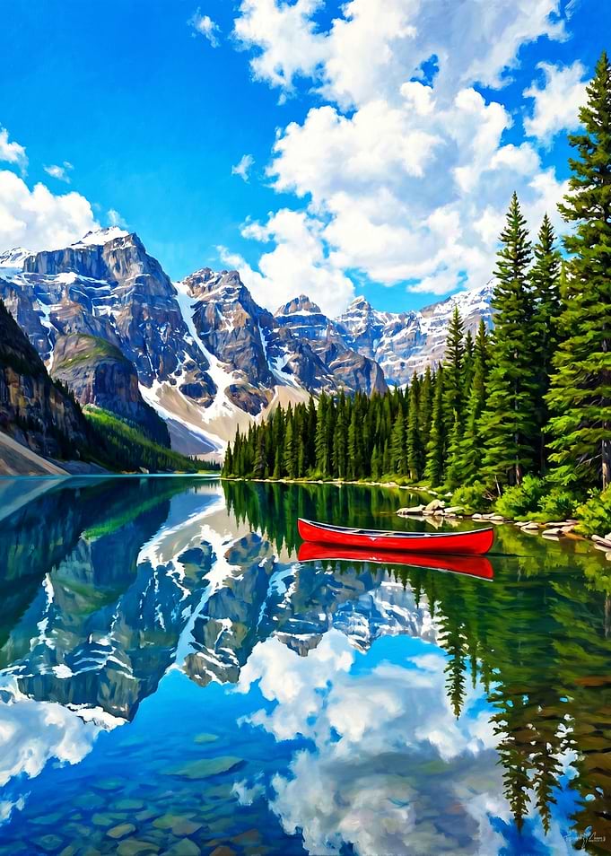 Red Canoe on a Serene Mountain Lake blue landscape