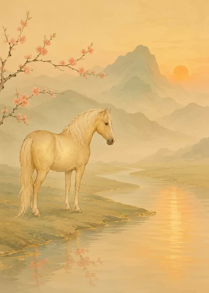 Horse by a River at Sunset