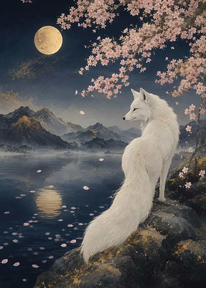 White Fox Under Cherry Blossoms