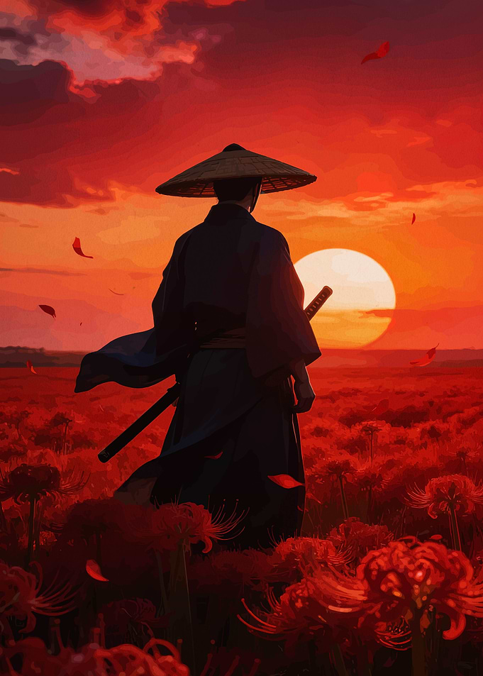 Samurai in a field of red flowers at sunset
