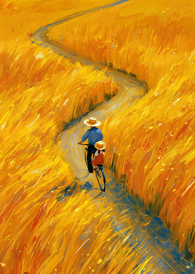 Couple cycling through a golden field