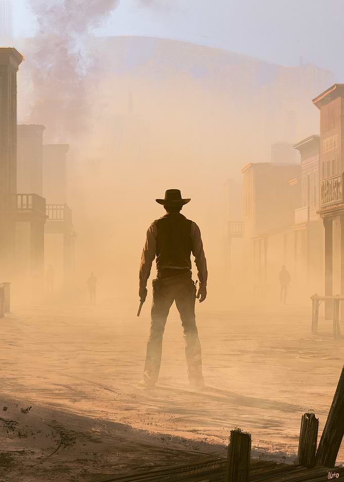 Cowboy in a dusty Western town