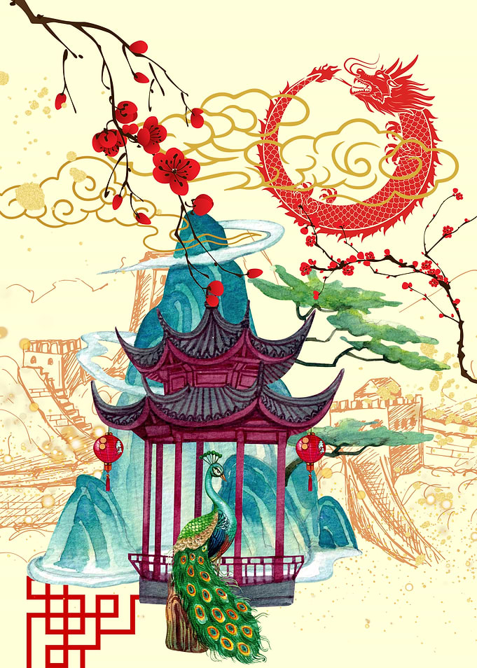 Chinese Dragon and Pagoda Scene