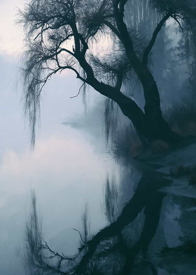 Misty Willow Tree Reflection