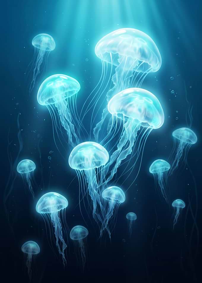 Glowing Jellyfish in Deep Blue Ocean