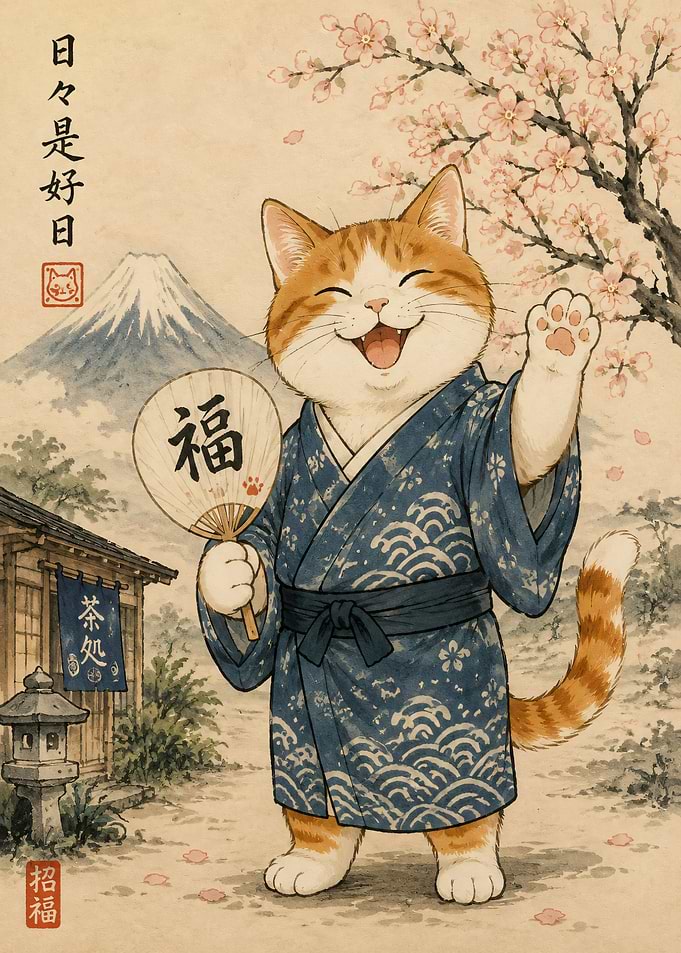 Lucky Cat in Kimono with Mount Fuji