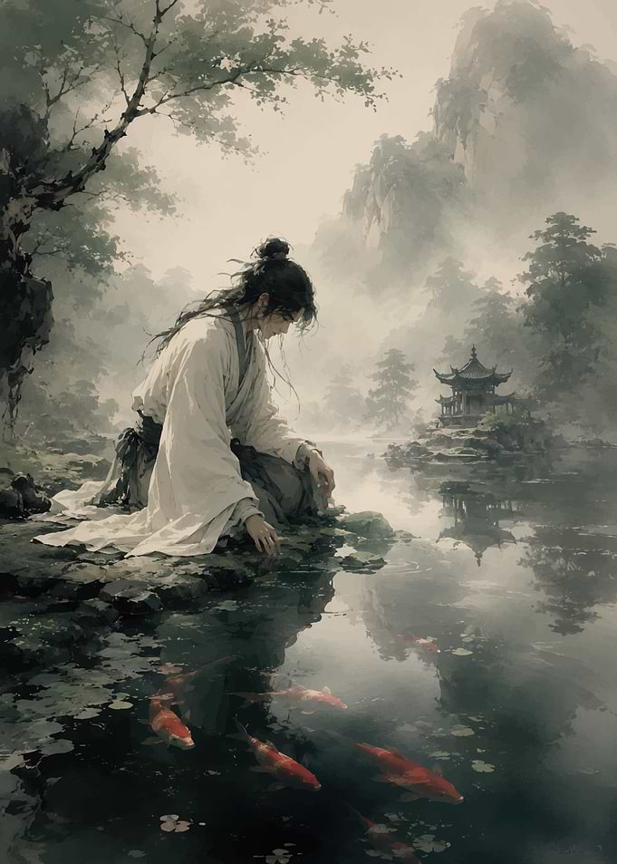 Man feeding koi fish in a serene garden