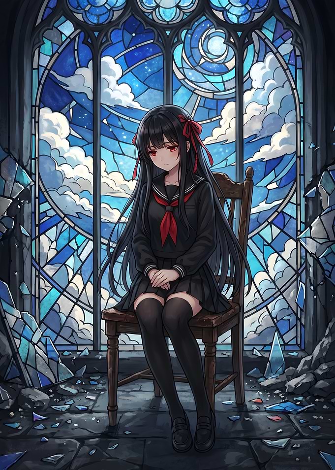 Sad Anime Girl in Stained Glass Window