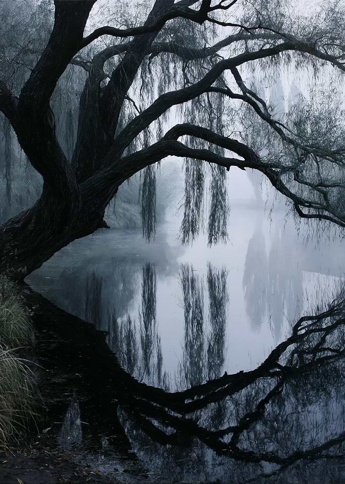 Misty Willow Tree Reflection