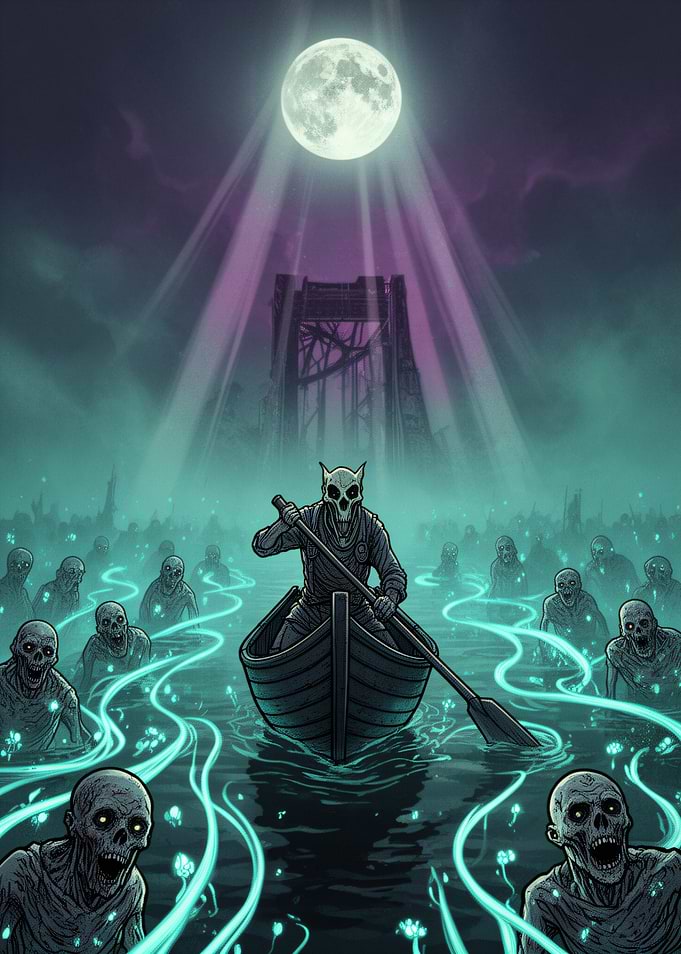 Skeleton rowing boat through zombie-infested water