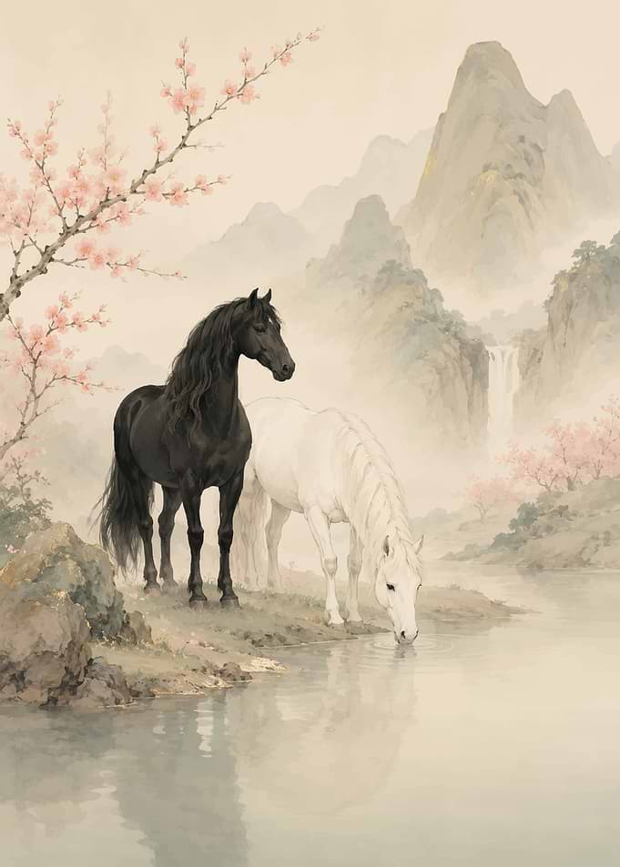 Two Horses by a Waterfall