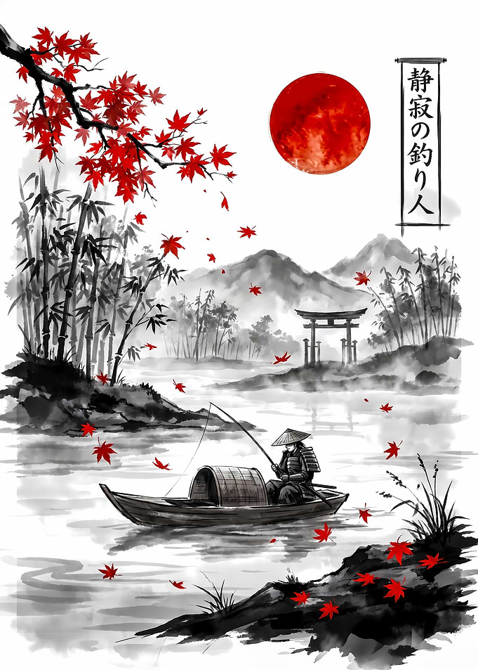 Samurai Fishing Under Red Sun
