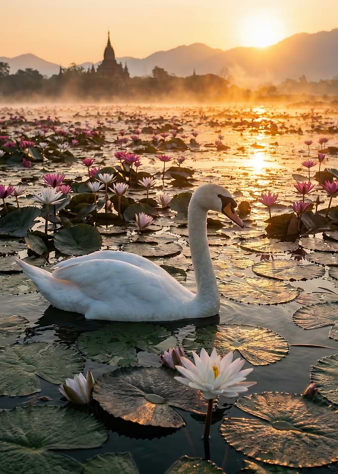 Swan on a lake with lotus flowers