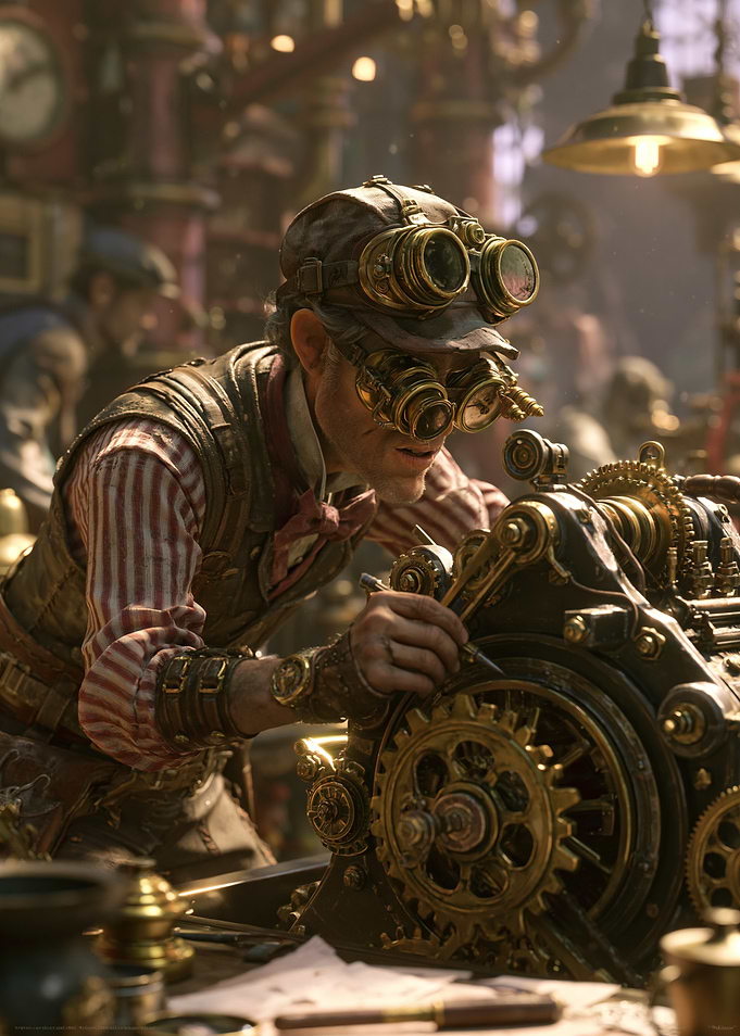 Steampunk Inventor Working on Machine