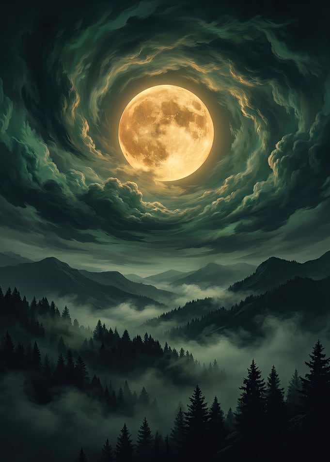 Moonlit Vortex Over Misty Mountains