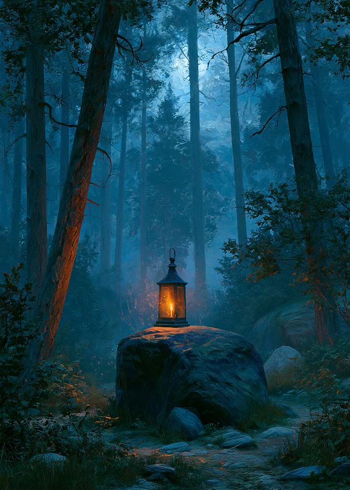 Lantern in a Misty Forest