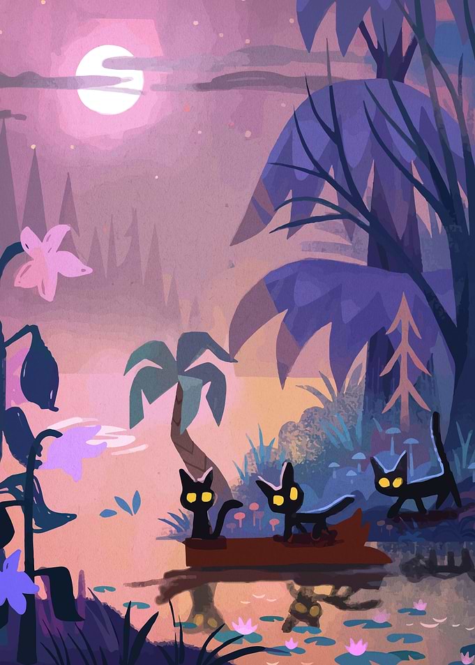 Three black cats in a canoe at night