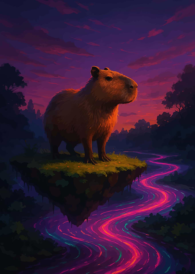 Capybara on Floating Island at Sunset