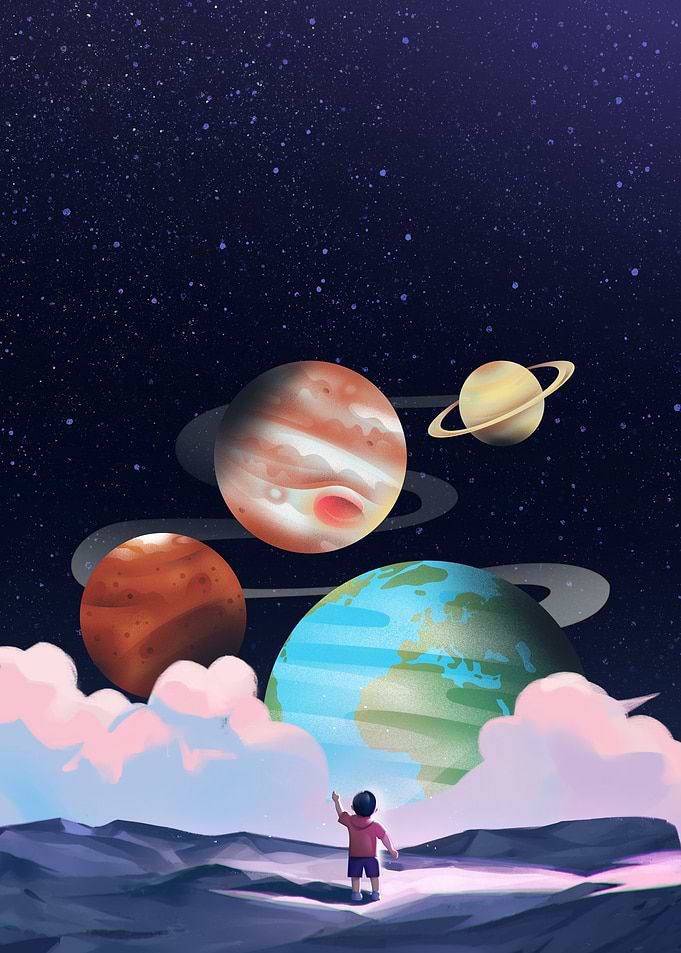 Child Reaching for Planets in Space