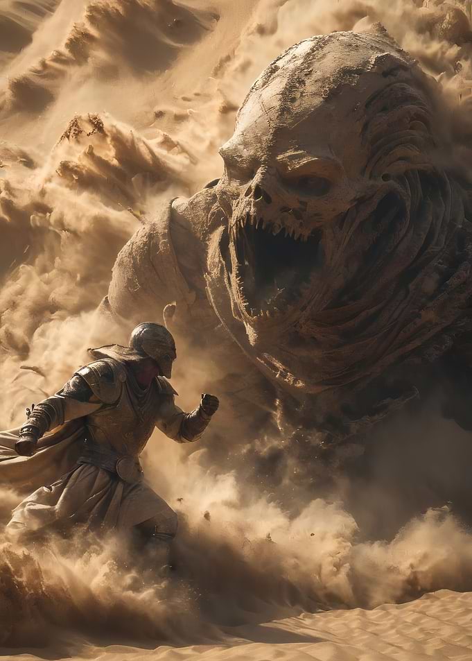 Warrior battles sand monster in desert