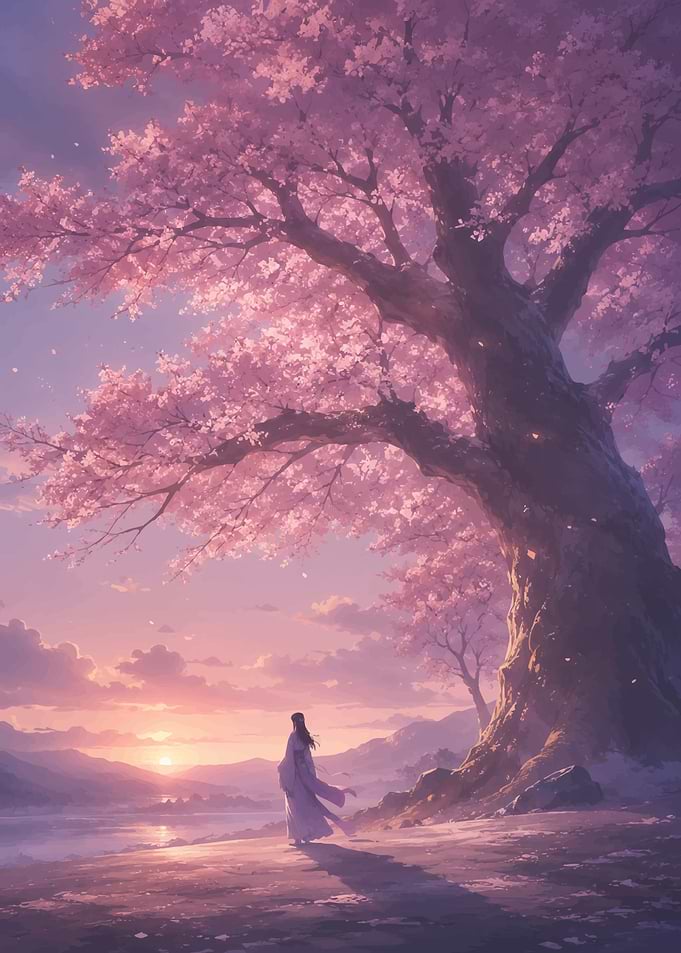 Woman Under Cherry Blossom Tree at Sunset