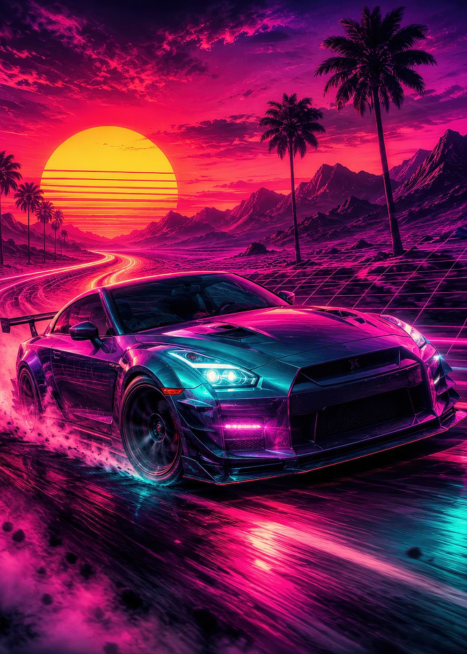 Retro Synthwave Car Driving at Sunset