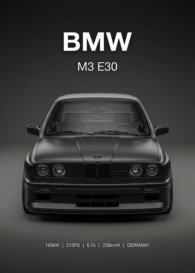 sleek black BMW evo E30 Front View car poster