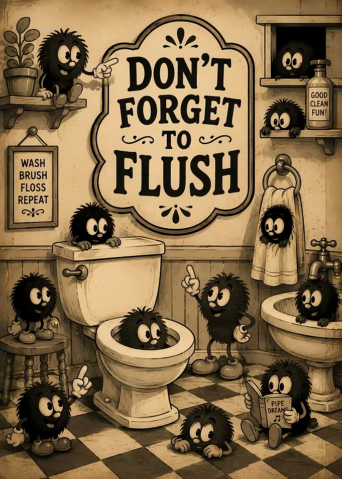 Funny Bathroom Scene with Fluffy Characters
