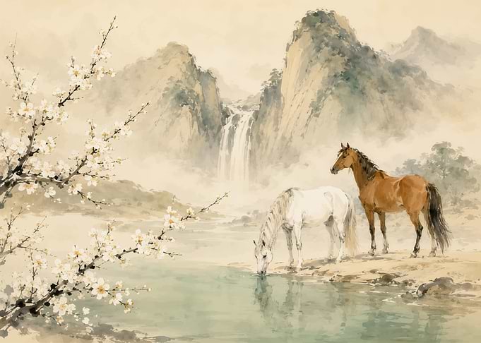 Horses by Waterfall in Blossom