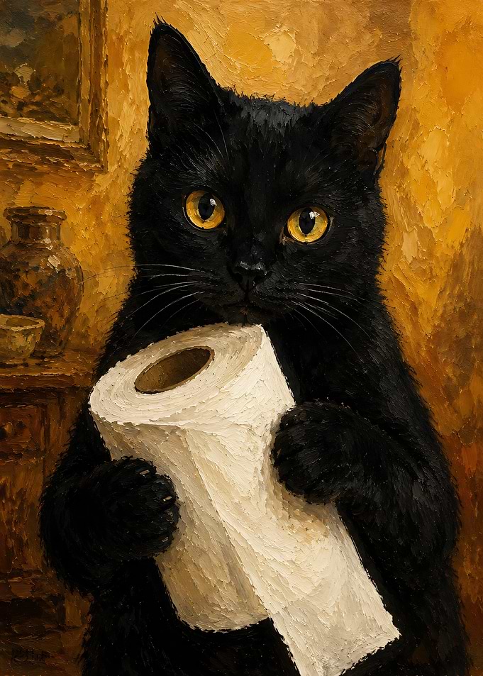 Black Cat Holding Toilet Paper