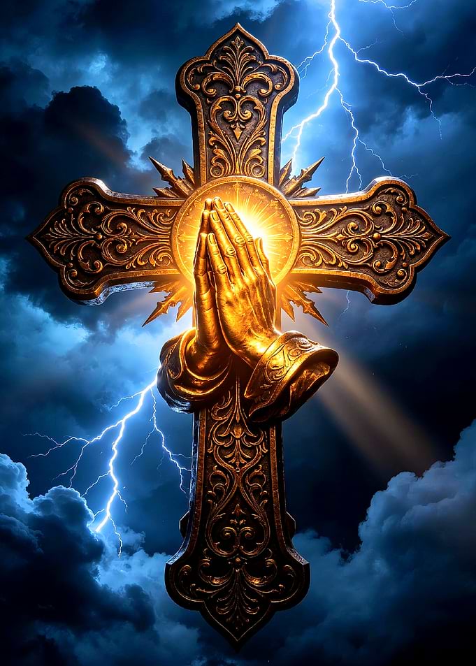 Golden Praying Hands on Cross