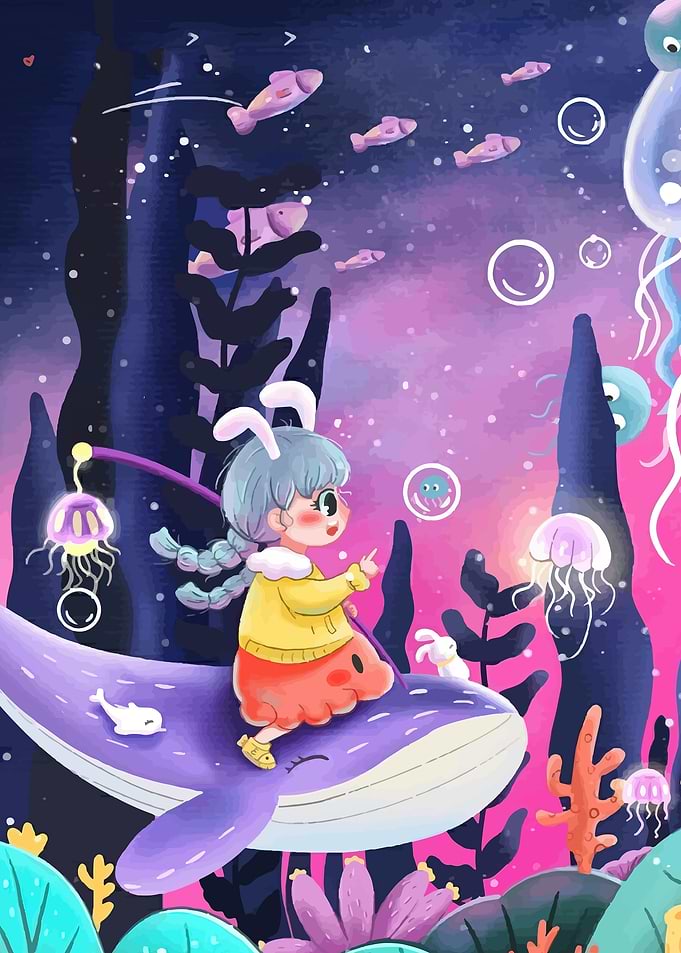 Girl riding a whale in a fantasy ocean