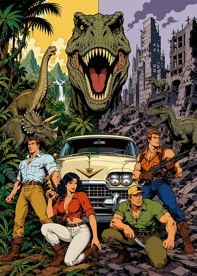 Dinosaurs and Survivors in Ruined City