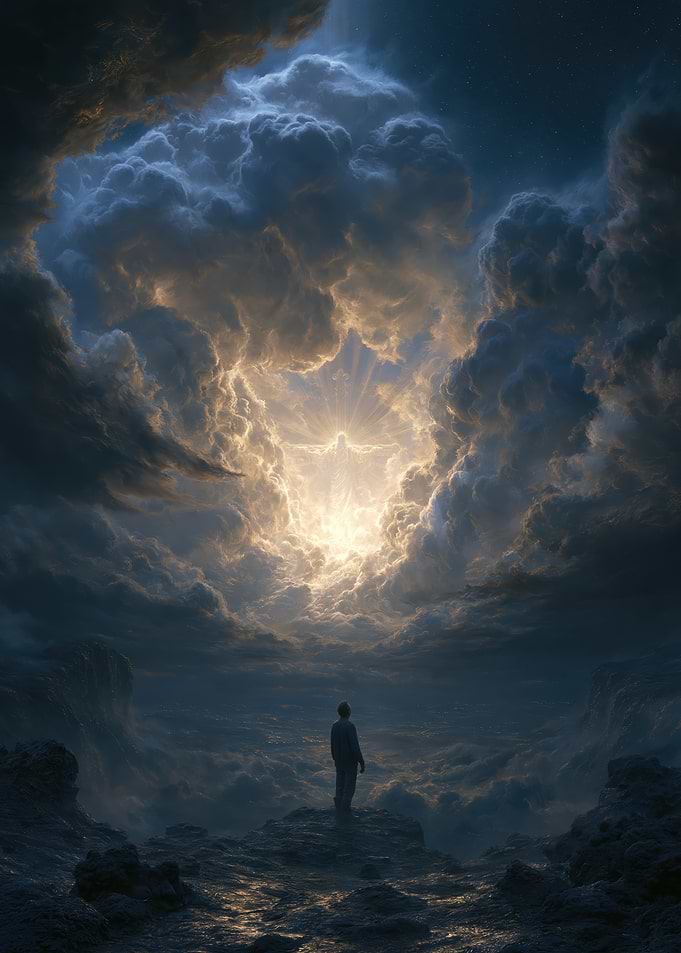 Man Gazing at Divine Light in Clouds