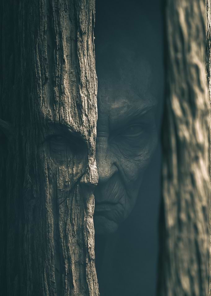 Creepy face peeking through trees