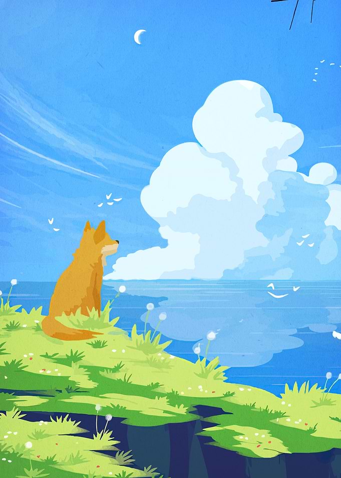 Fox on a grassy cliff overlooking the ocean