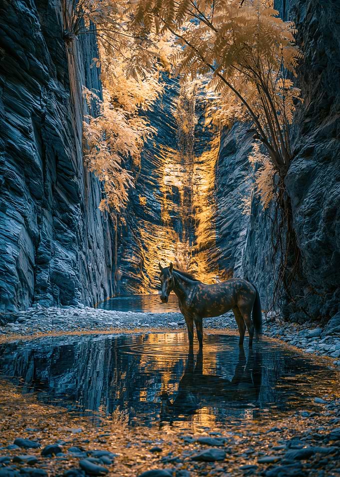 Horse in a Canyon Stream