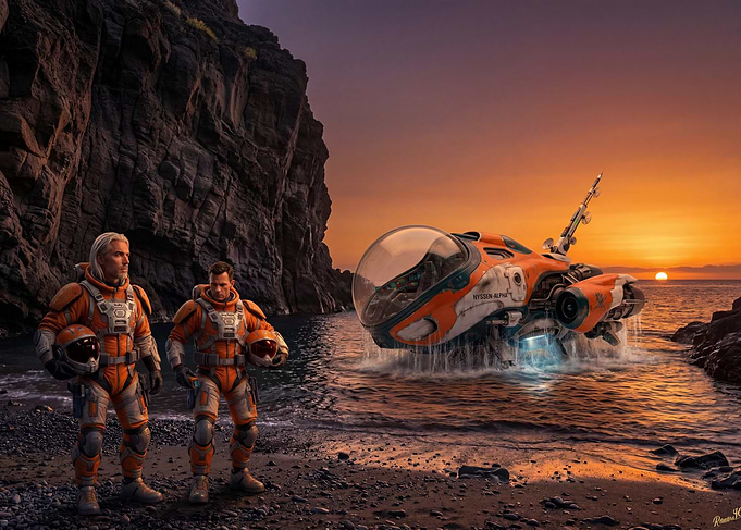 Astronauts and Spaceship on Alien Beach