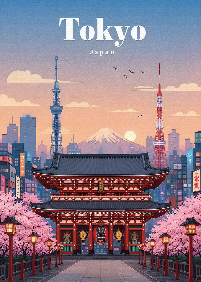 Tokyo Cityscape with Temple and Cherry Blossoms