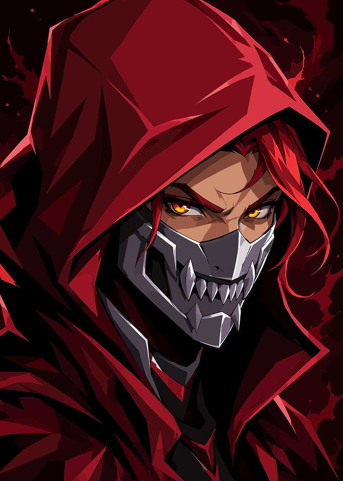 Warframe Anime character with red hood and mask