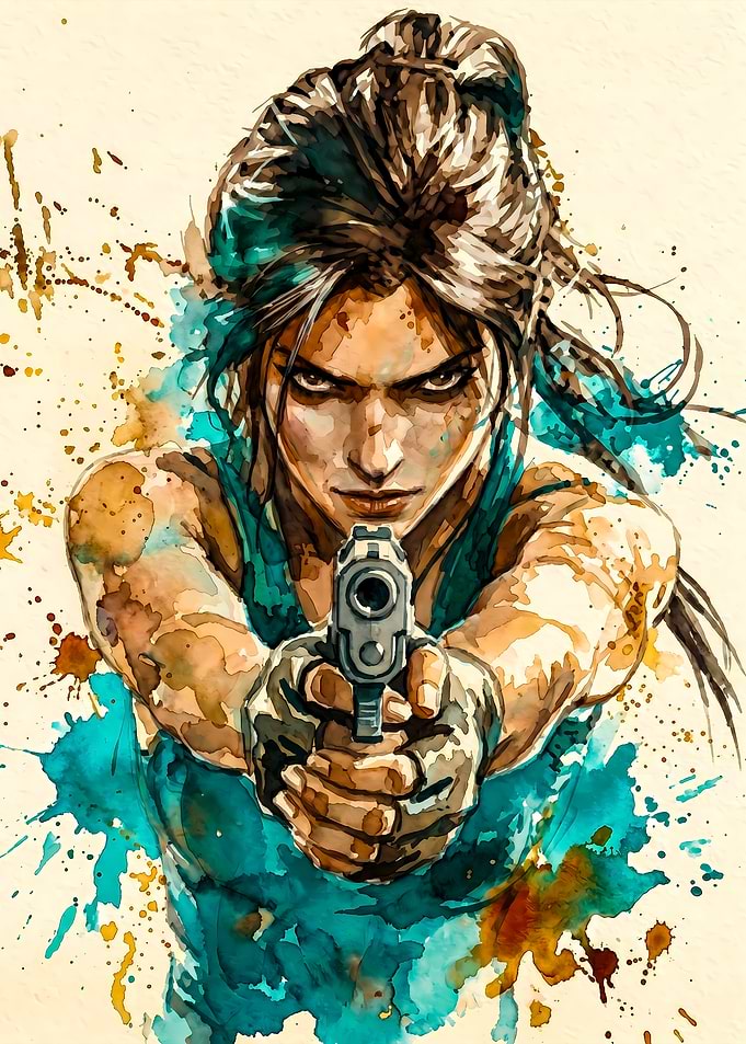 Lara Croft with Gun Watercolor