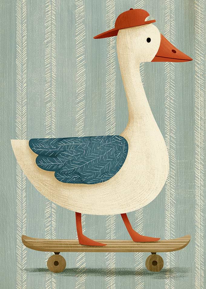 Goose on a Skateboard Wearing a Hat