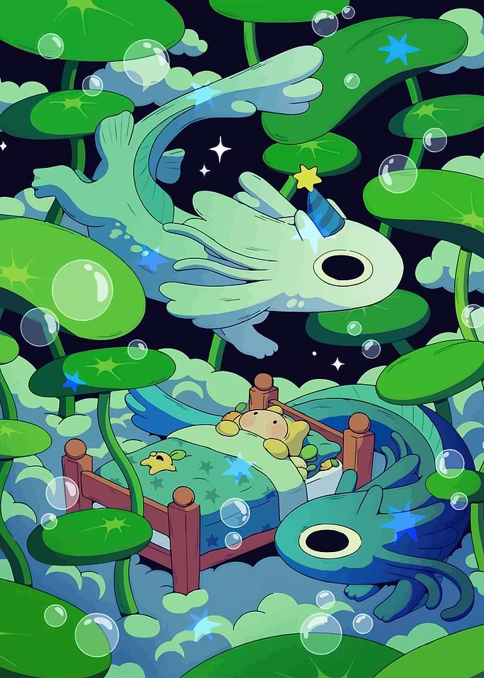 Cute Axolotl Characters in Dreamy Lily Pad Setting