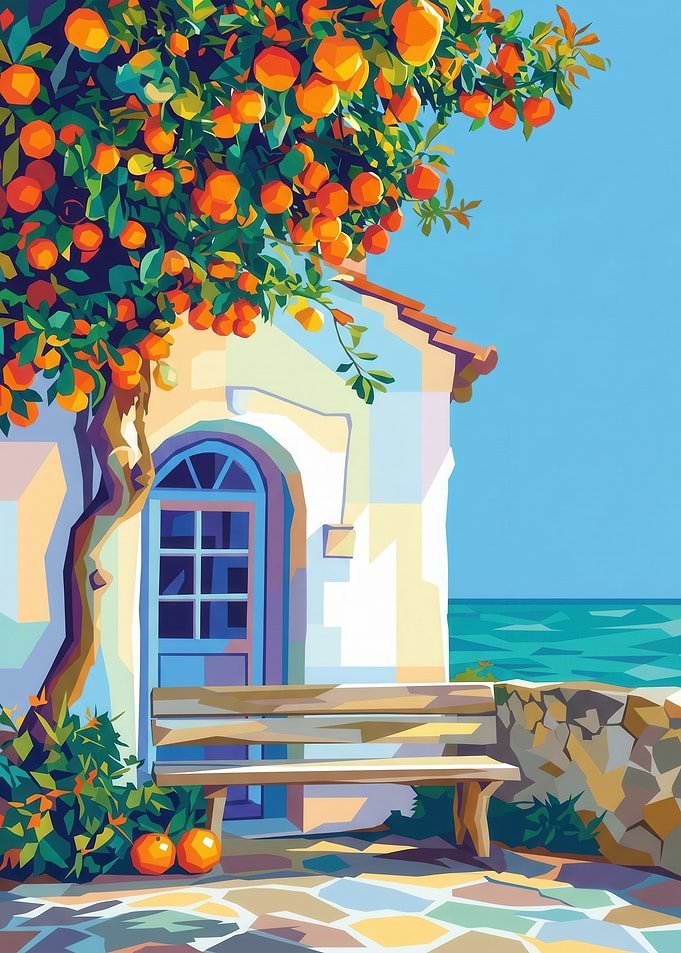 Mediterranean Orange Grove by the Sea
