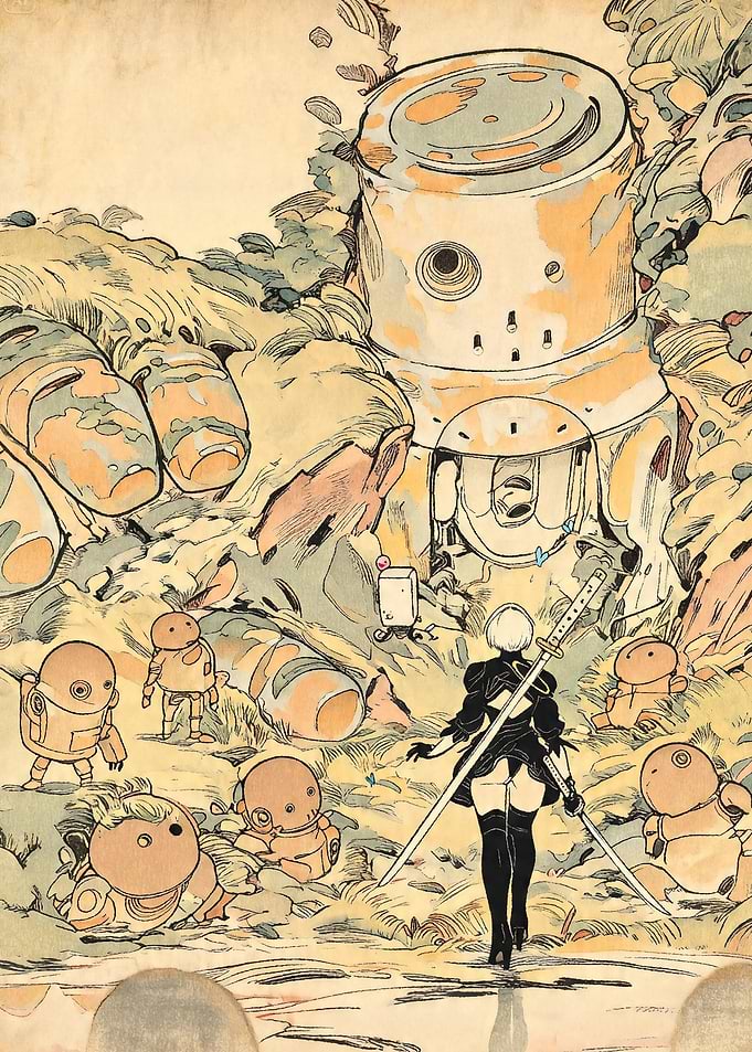 2B and YoRHa Units in a Ruined Landscape