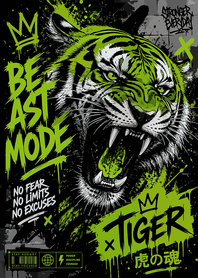 Neon Tiger Beast Mode Poster Motivational Street Art Wall Decor