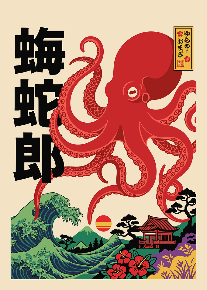 Red Octopus and Japanese Landscape