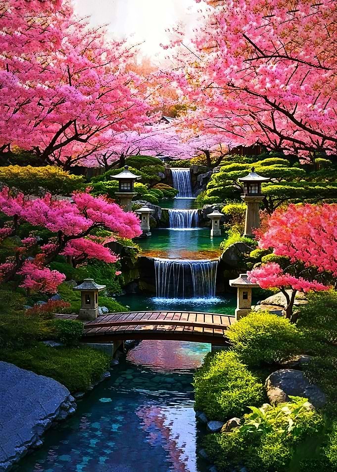 Enchanting Japanese Garden with Cherry Blossoms