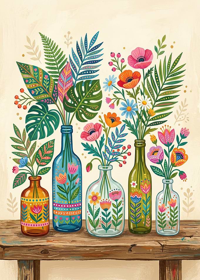 Bohemian Floral Vases on Wooden Shelf